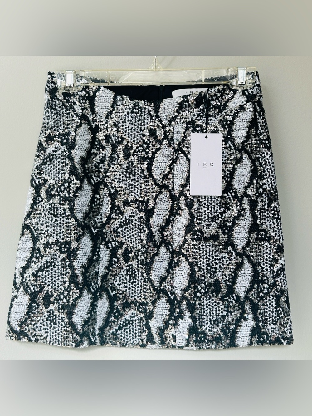 NWT IRO Alipa Black & Silver Sequin Snake-Print Mini Skirt Euro 38 US 6